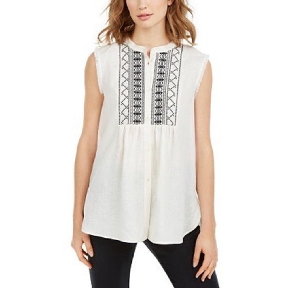 Weekend Max Mara Albany Linen Embroidered Sleeveless Fringe Trim Button Down Top
